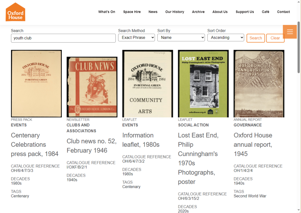 Search for 'Youth Club' on the Oxford House Archive